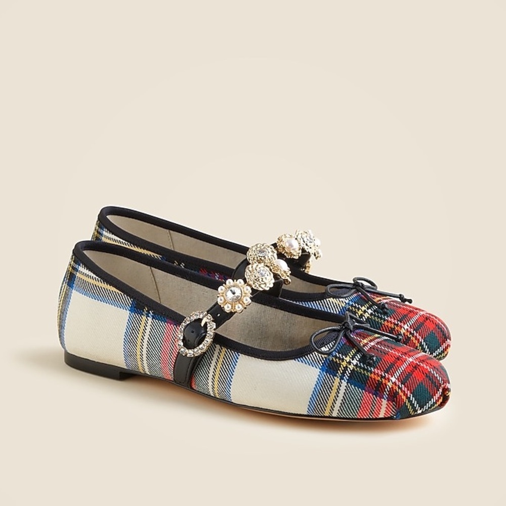 J Crew used Logan embellished Mary Jane ballet flats in tartan CP074